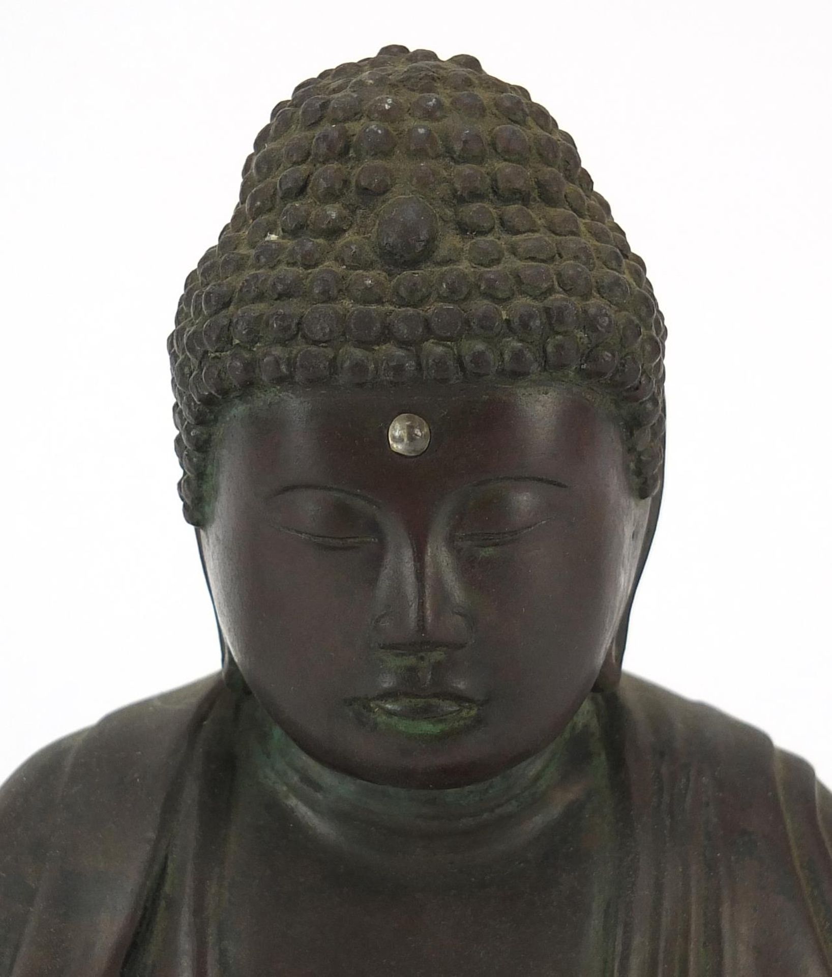 Chino Tibetan patinated bronze figure of seated Buddha, 18cm high - Image 2 of 7