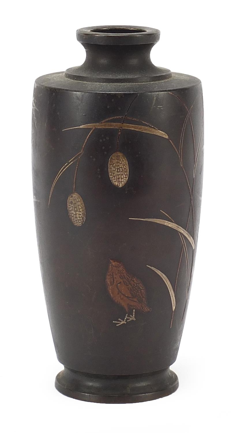 Japanese bronze and mixed metal vase decorated with a chick, 14cm high