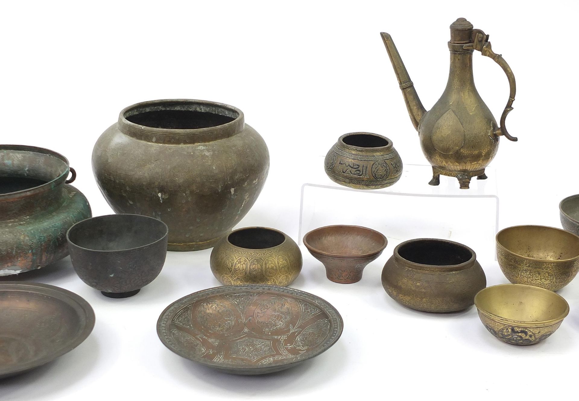 Indian, Islamic and Persian metalware, some with silver inlay including water pot, bowls and dishes, - Image 3 of 4