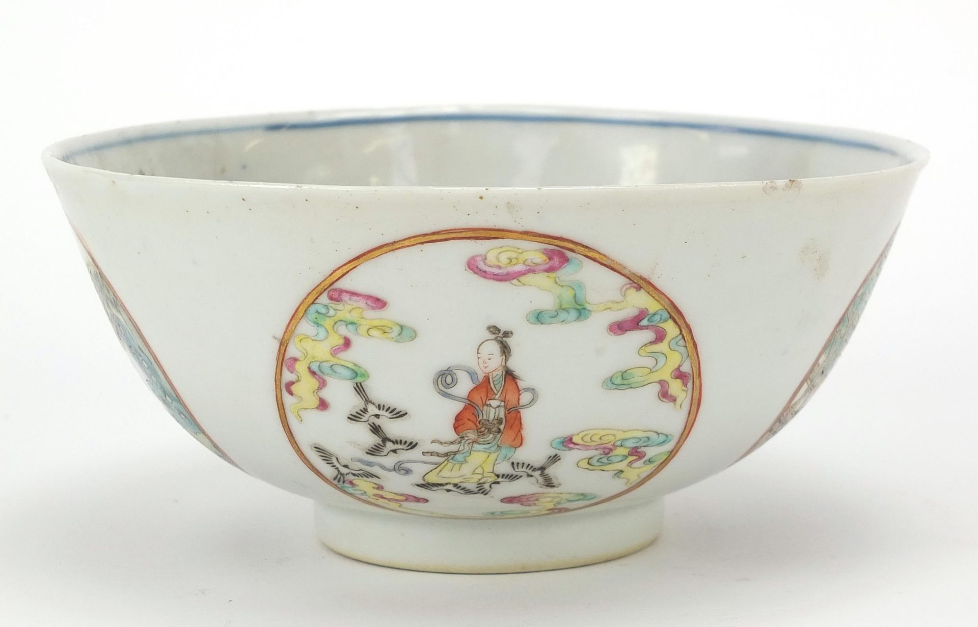 Chinese porcelain bowl hand painted in the famille rose palette with panels of figures, birds and - Image 7 of 13