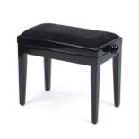 Black high gloss adjustable piano stool, 47cm H x 68cm W x 32cm D