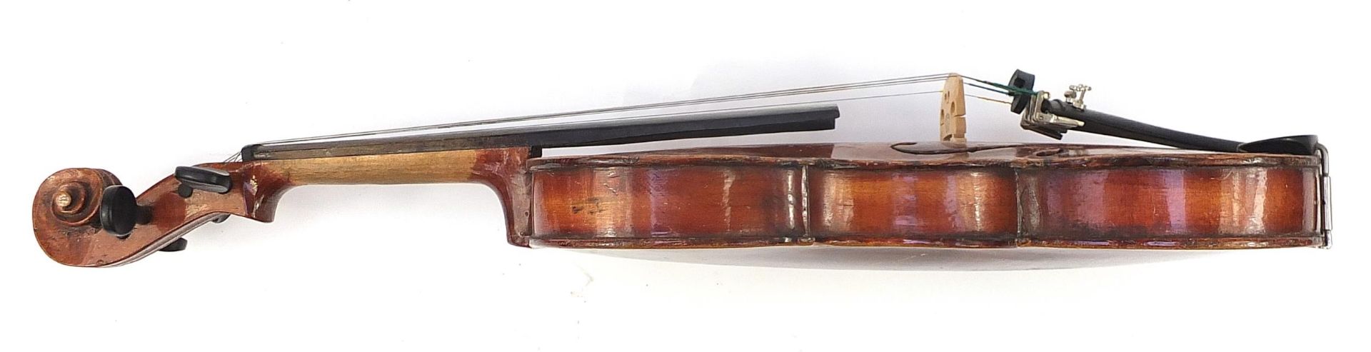 Old wooden violin with two bows and protective case, the violin back 14 inches in length, one violin - Image 7 of 11