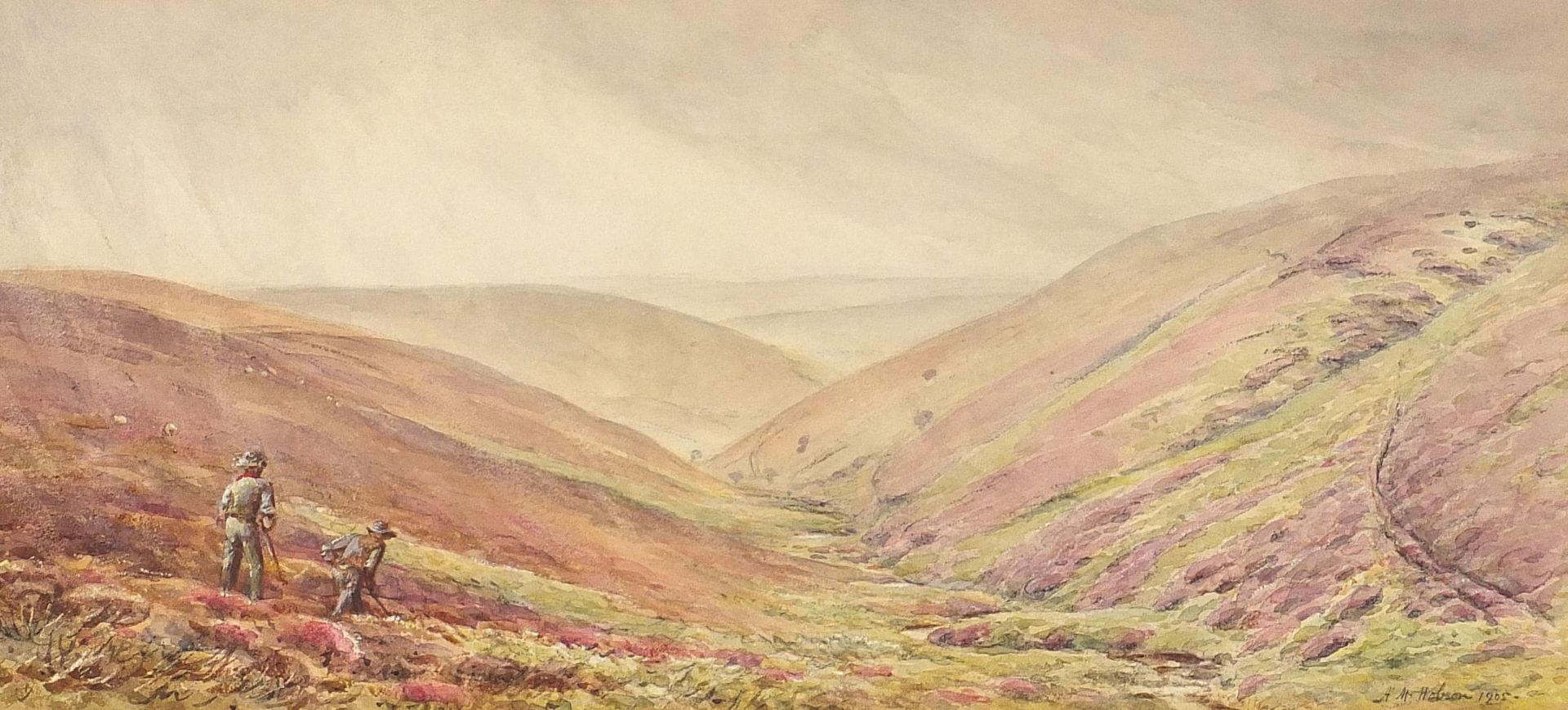 Alice Mary Hobson - Lark Coombe, Exmoor, early 20th watercolour, unframed, 39cm x 19cm