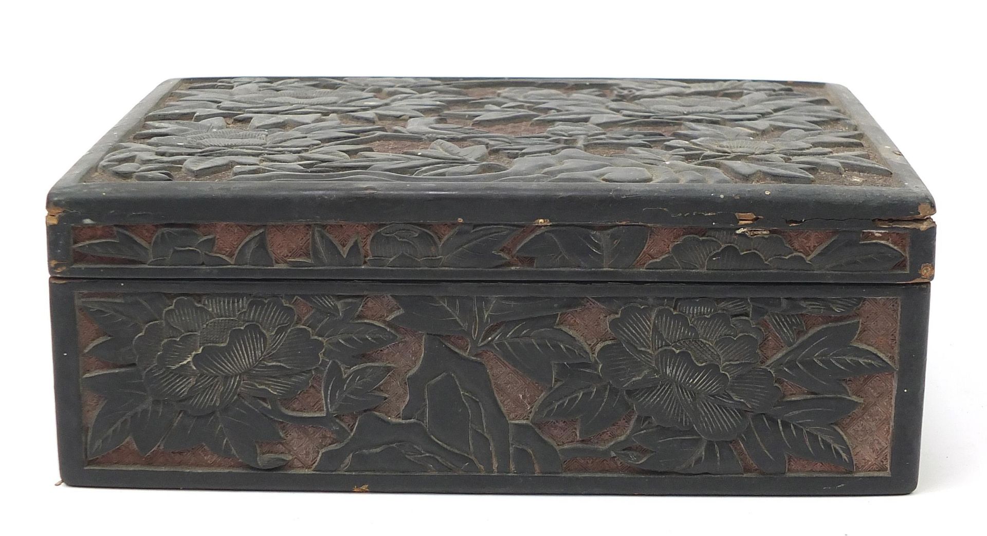 Chinese cinnabar lacquer box and cover carved with birds amongst flowers, 10.5cm H x 29cm W x 21.5cm - Image 2 of 8