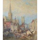 Bruges market street scene with figures, 19th century watercolour, mounted, framed and glazed, 38.