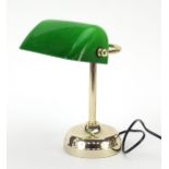 Brass bankers desk lamp with green glass shade, 29cm high
