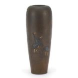 Japanese bronze with mixed metal vase engraved with cranes, character marks to the reverse and to
