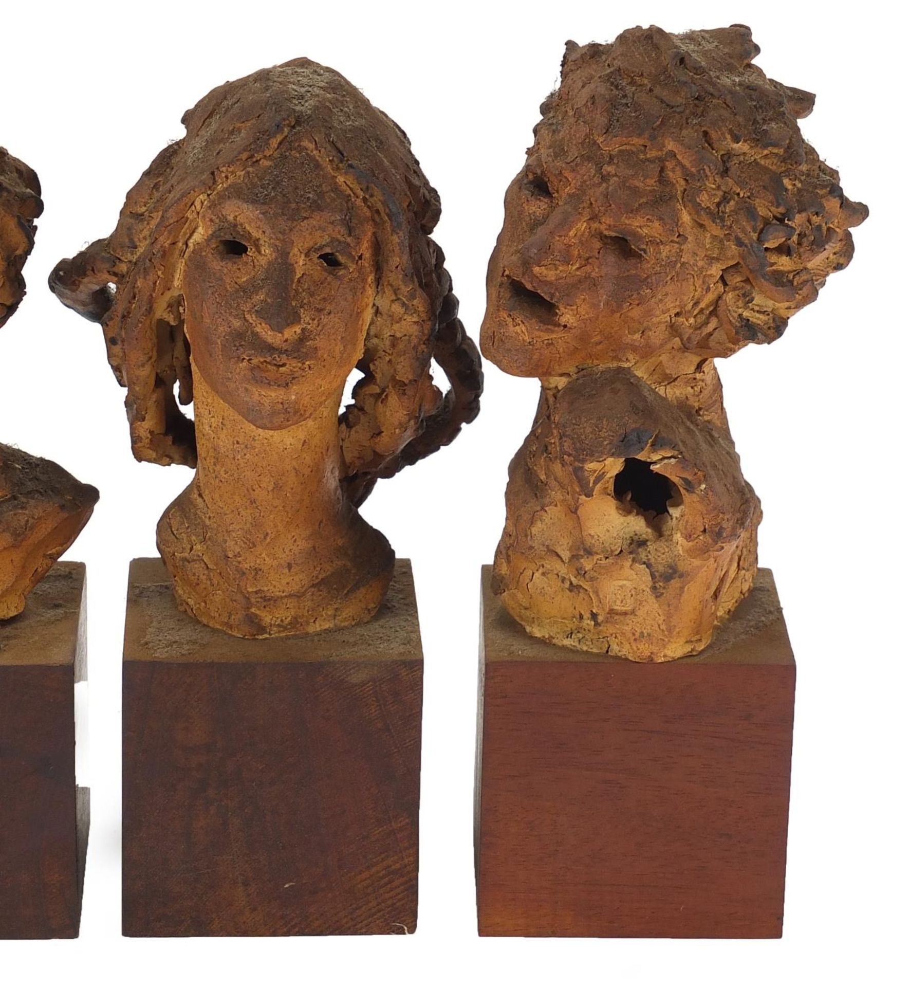 Three mid century pottery busts raised on wooden block bases, each inscribed Elizabeth Benenson to - Image 3 of 5