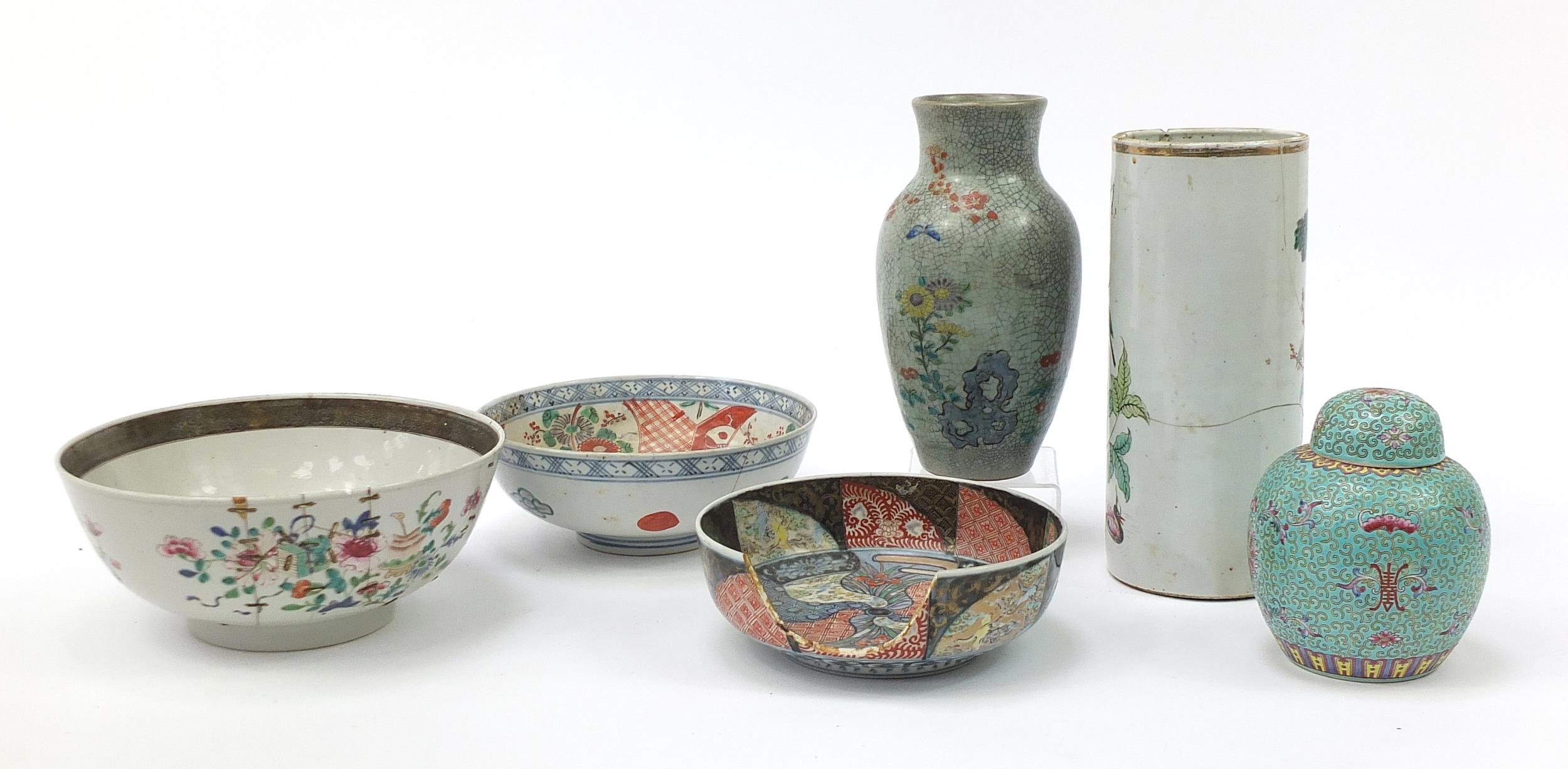 Chinese and Japanese porcelain including a cylindrical vase hand painted with a phoenix, Imari - Image 5 of 11