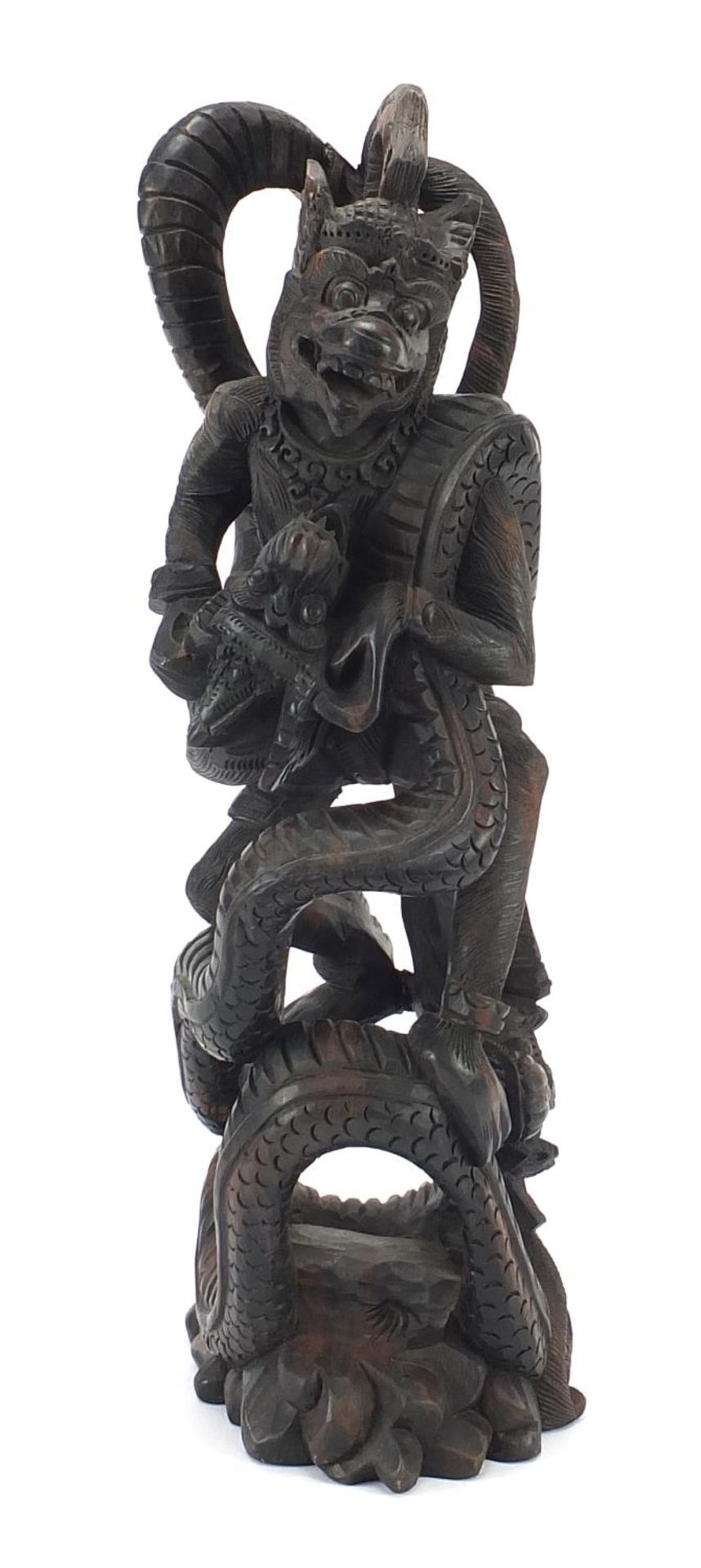 Large Balinese wooden carving of two dragons, 47cm high - Image 3 of 8