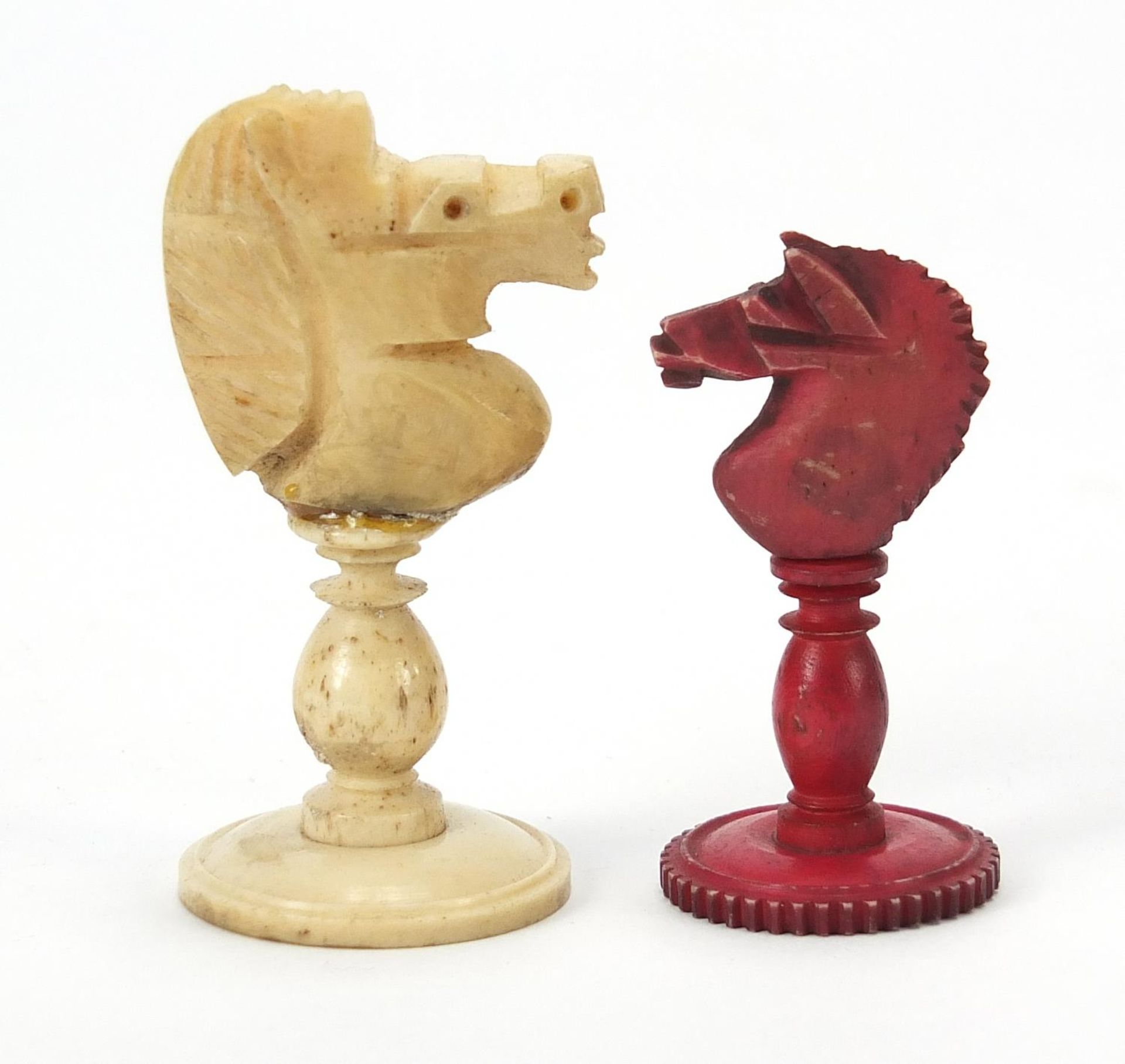 Half stained carved bone chess set and a mahogany case, the largest chess pieces 8.5cm high - Image 5 of 7