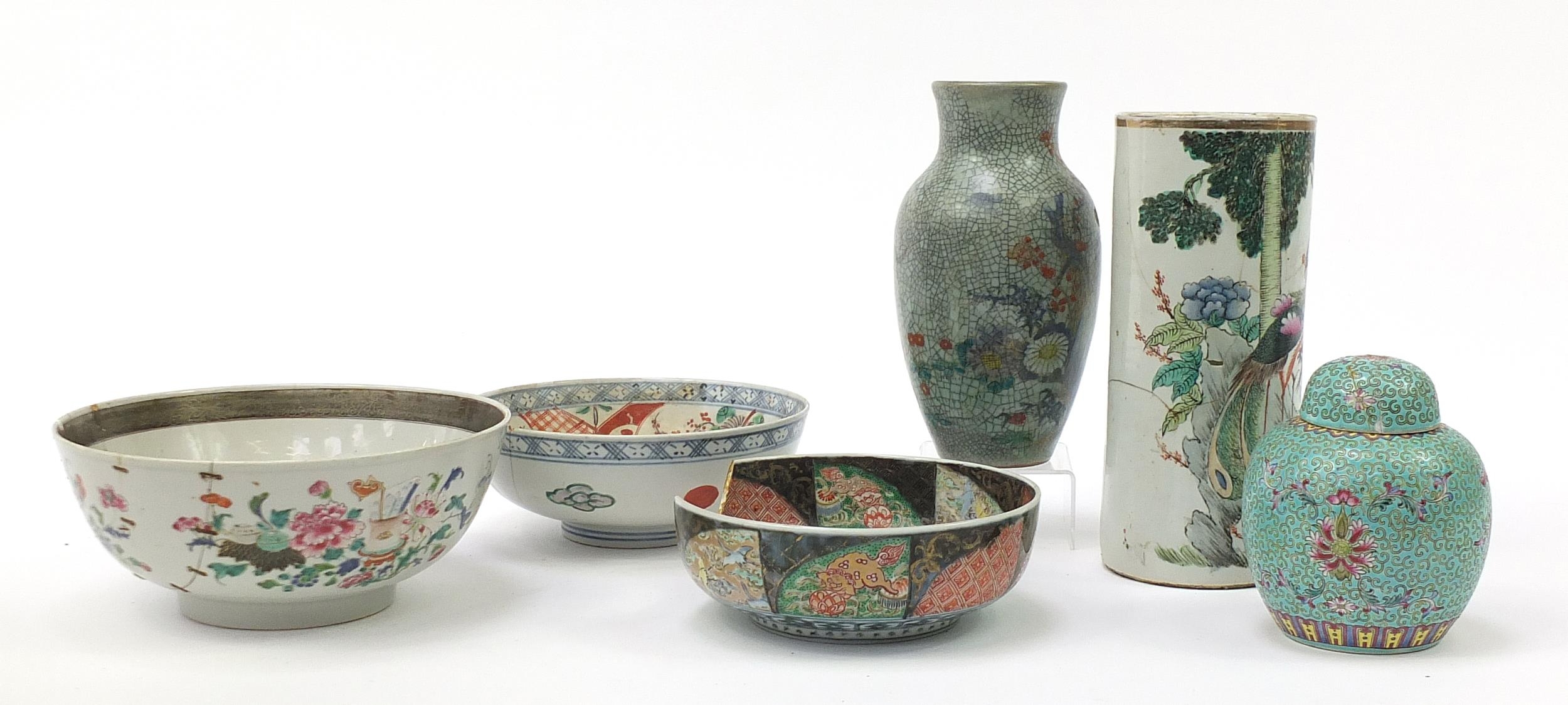 Chinese and Japanese porcelain including a cylindrical vase hand painted with a phoenix, Imari - Image 6 of 11