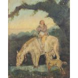 Figure on horseback with a dog beside water, antique primitive oil on canvas, unframed, 44cm x 34cm