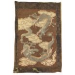 Chinese embroidered wall hanging depicting two three toed dragons amongst clouds, 102cm x 70cm