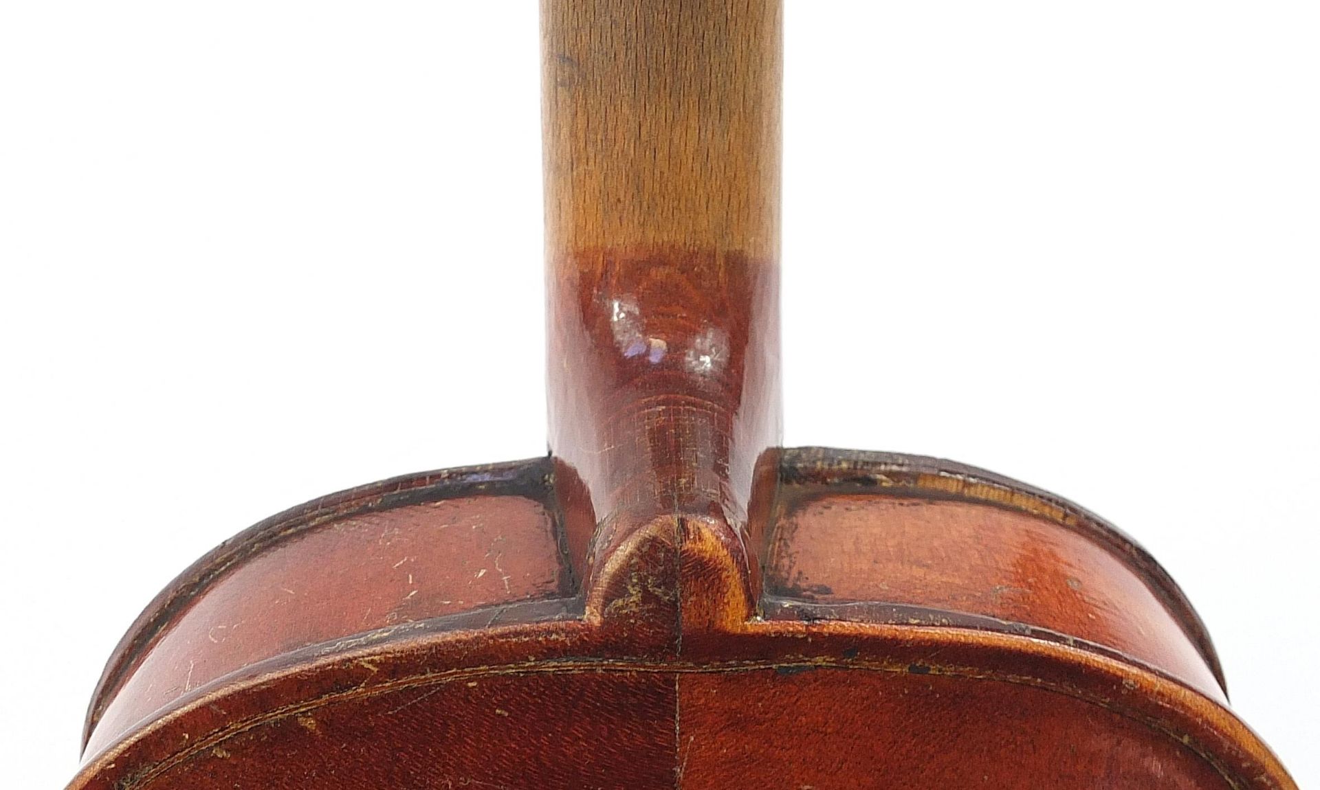 Old wooden violin with two bows and protective case, the violin back 14 inches in length, one violin - Image 5 of 11