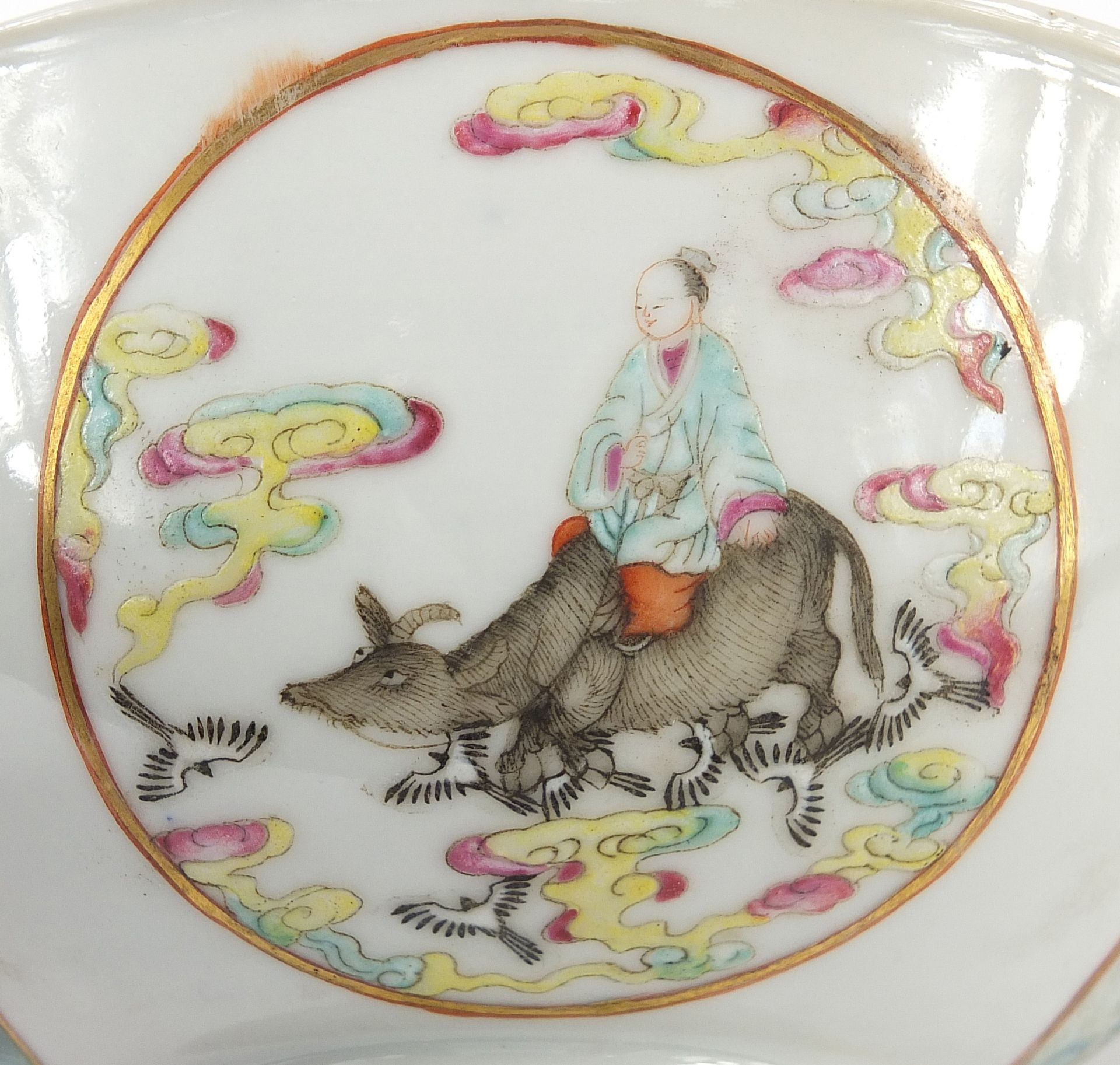 Chinese porcelain bowl hand painted in the famille rose palette with panels of figures, birds and - Image 4 of 13