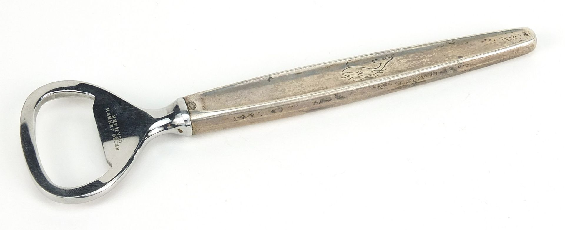 Georg Jensen, Danish sterling silver handled bottle opener engraved with a whale, 14cm in length, - Image 2 of 6