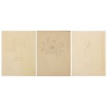 Three ink drawings in the style of Picasso including flowers and a female at a piano, mounted, the