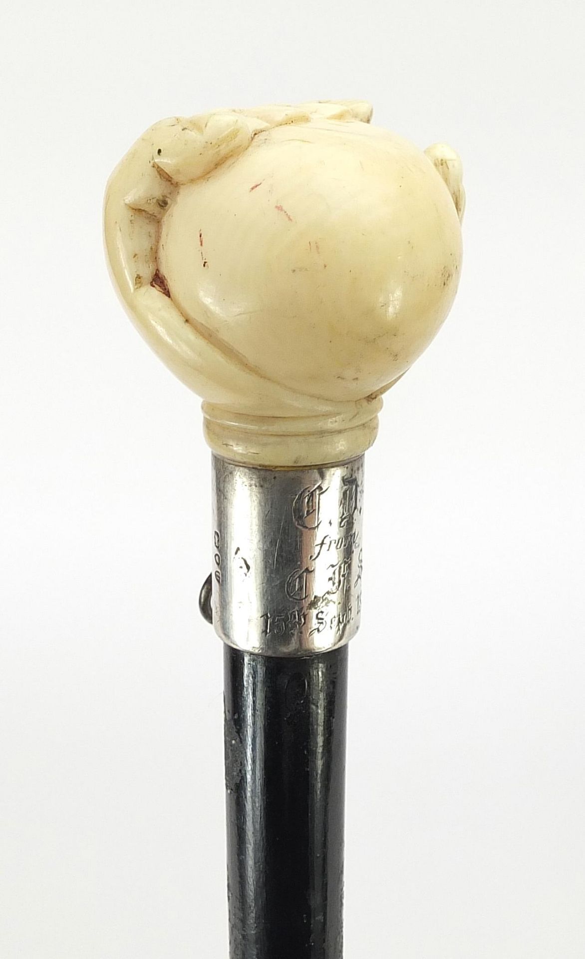 Ebony walking stick with carved silver pommel being in the form of a hand holding a ball, 90cm in - Image 4 of 8