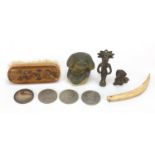 Objects to include Tunbridge ware brush, brass monkey, coinage, bronze door knocker and bronze