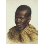 Gerard Bhengu - Head and shoulders portrait of a gentleman wearing fur, South African watercolour,