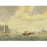 C V Parker - Off Rotherhithe, watercolour, The Wapping Group of Artists label verso, mounted, framed