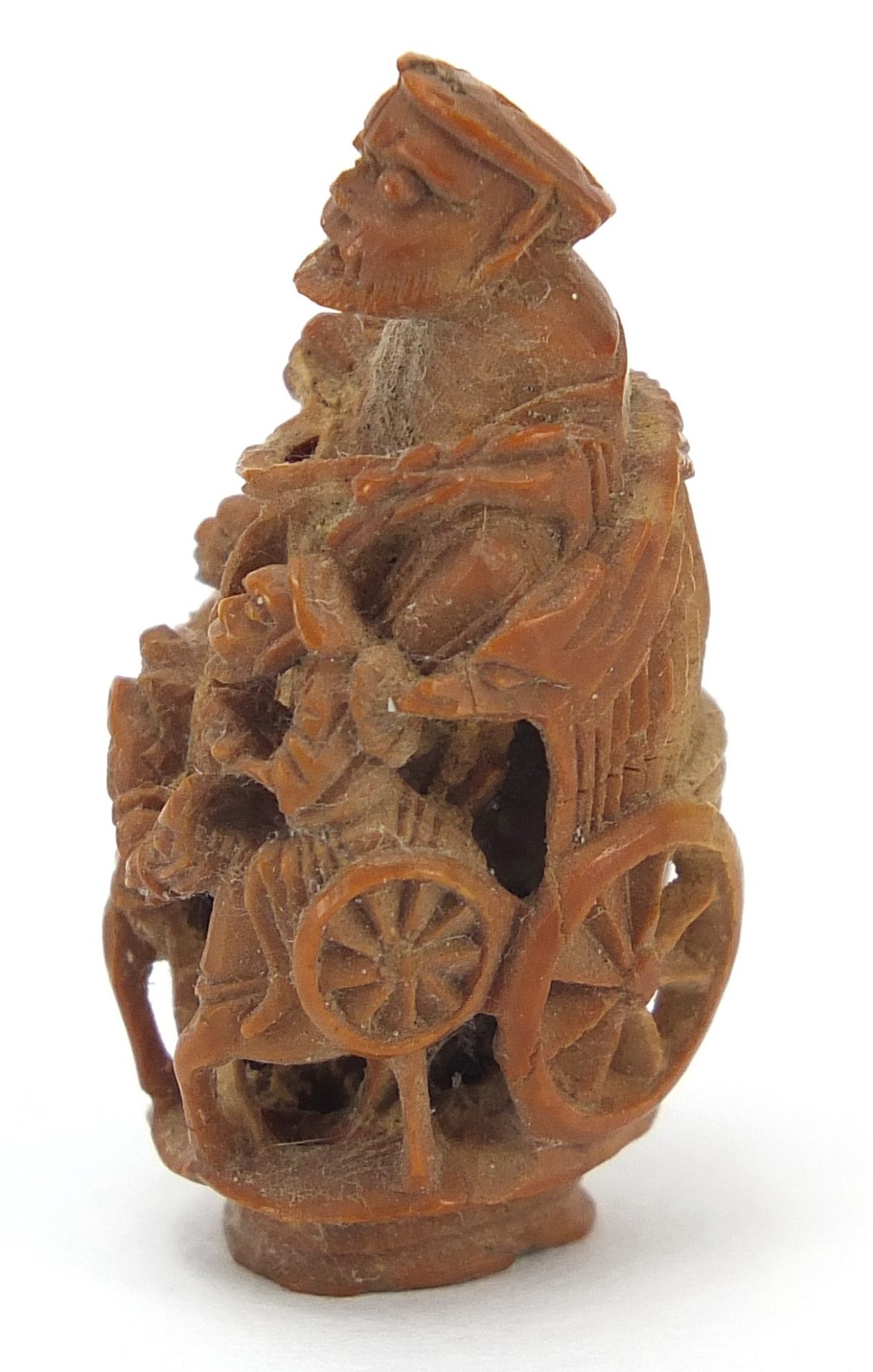 Chinese objects to include a coquilla nut carved in the form of a cart being pulled by horses, white - Image 7 of 13