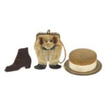 Novelty objects comprising a box in the form of a hat, bag in the form of a dog and a leather boot