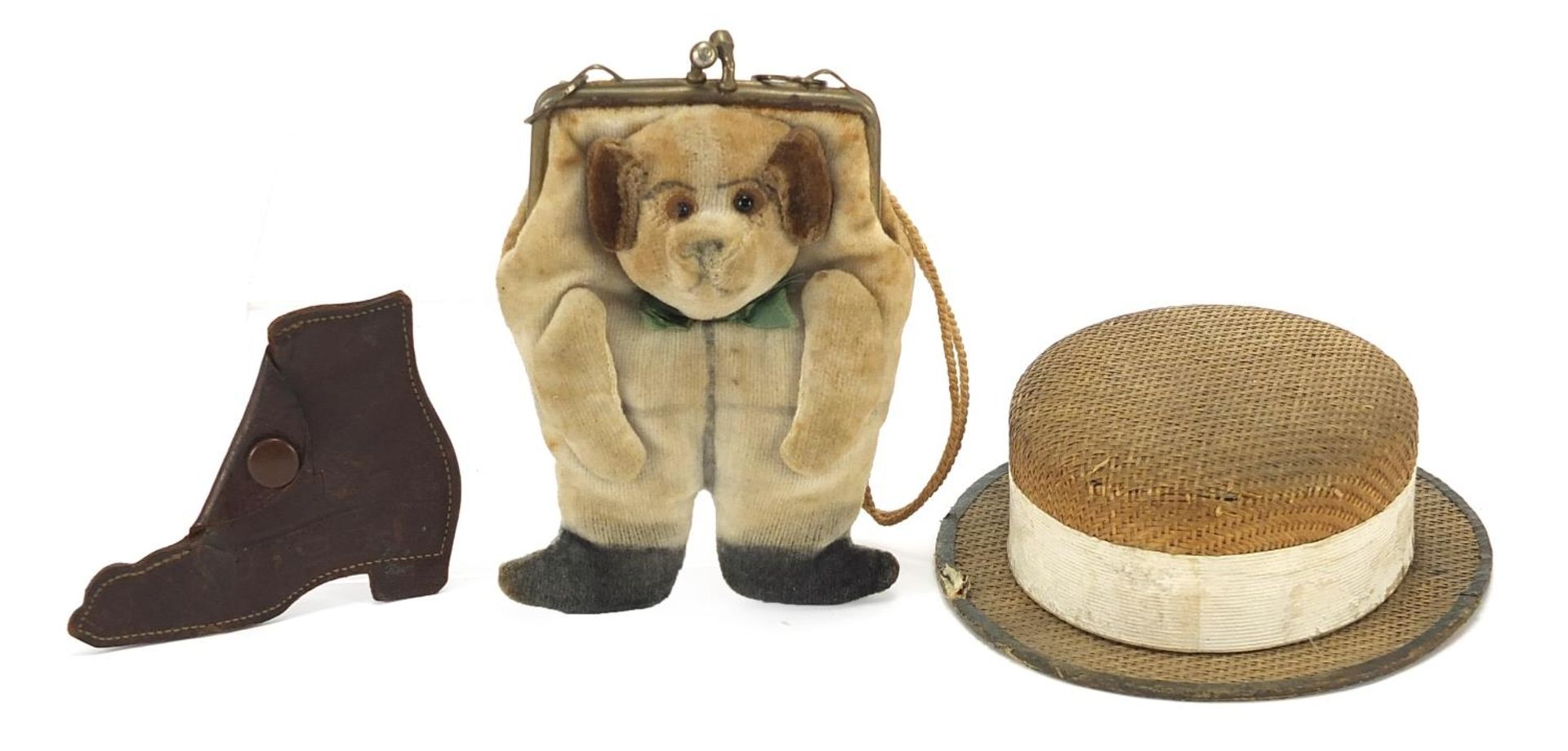 Novelty objects comprising a box in the form of a hat, bag in the form of a dog and a leather boot