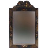 Antique chinoiserie lacquered wall mirror hand painted with figures, 89cm x 53cm