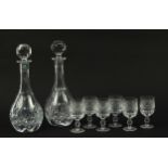 Pair of Thomas Webb cut glass decanters and six glasses, the largest 32cm high