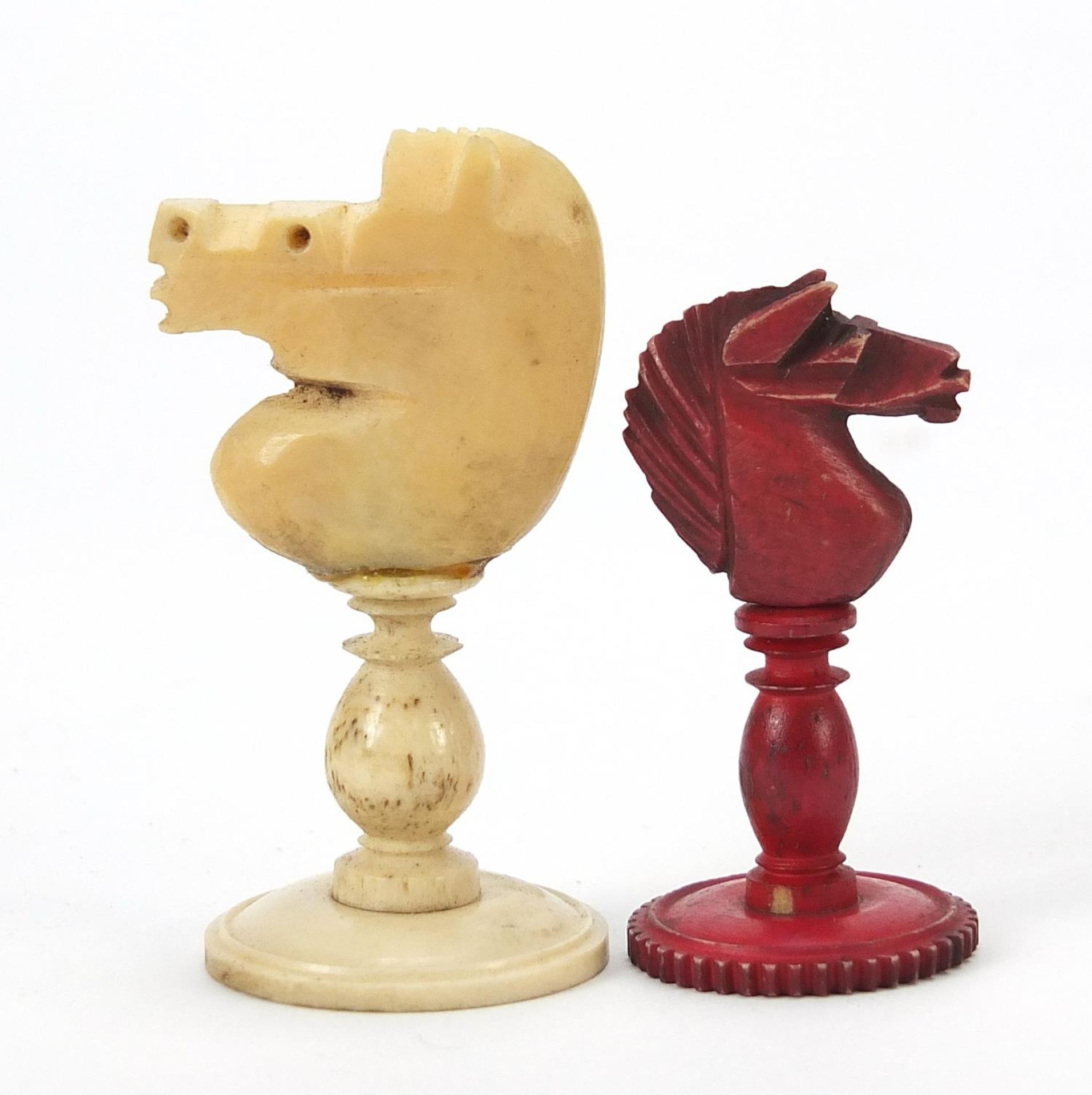Half stained carved bone chess set and a mahogany case, the largest chess pieces 8.5cm high - Image 6 of 7