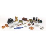 Sundry items including copper jelly moulds, glass pots, opera glasses, letter opener, the largest