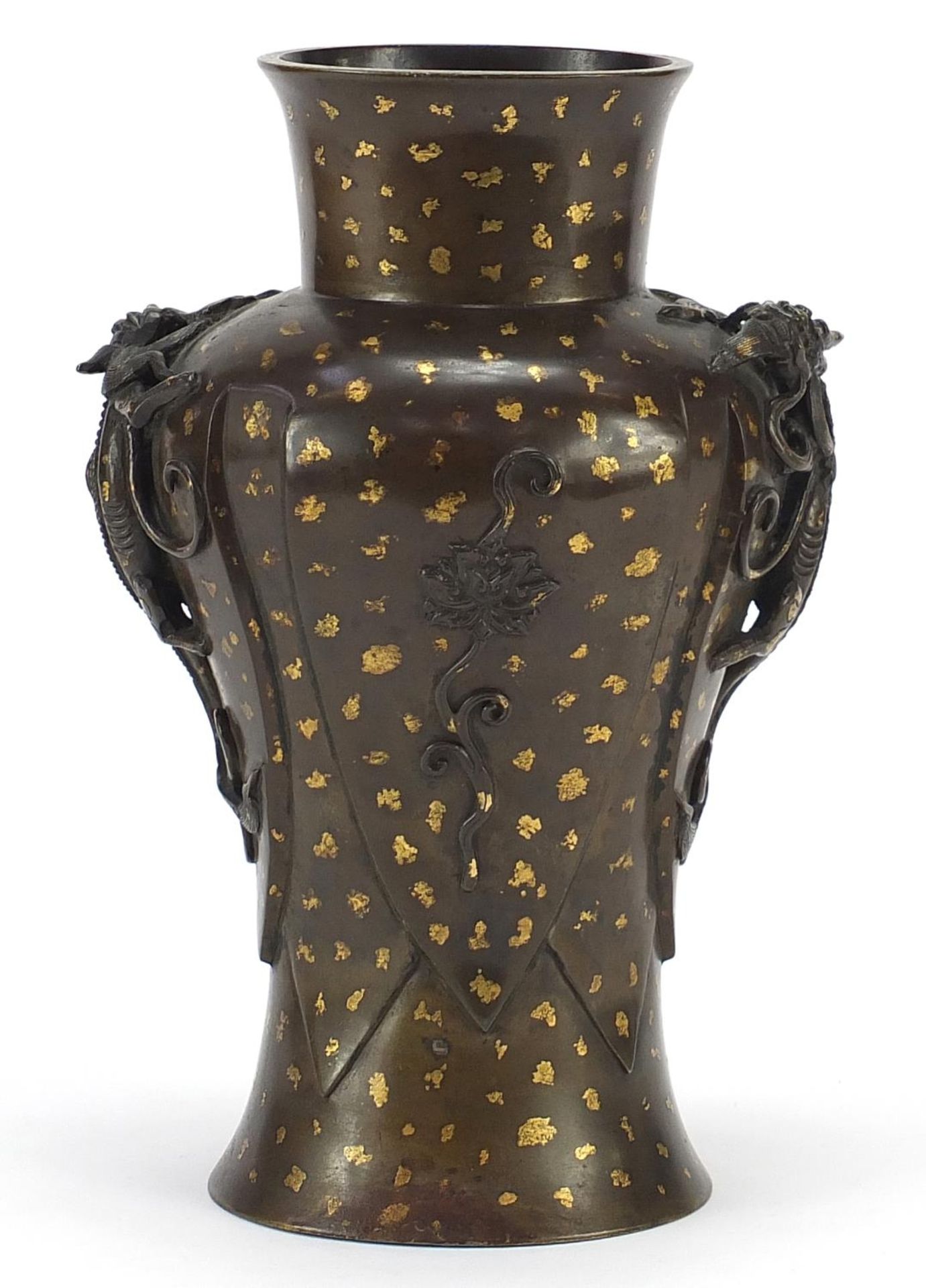 Chinese gold splashed bronze vase with dragon handles, character marks to the base, 22cm high