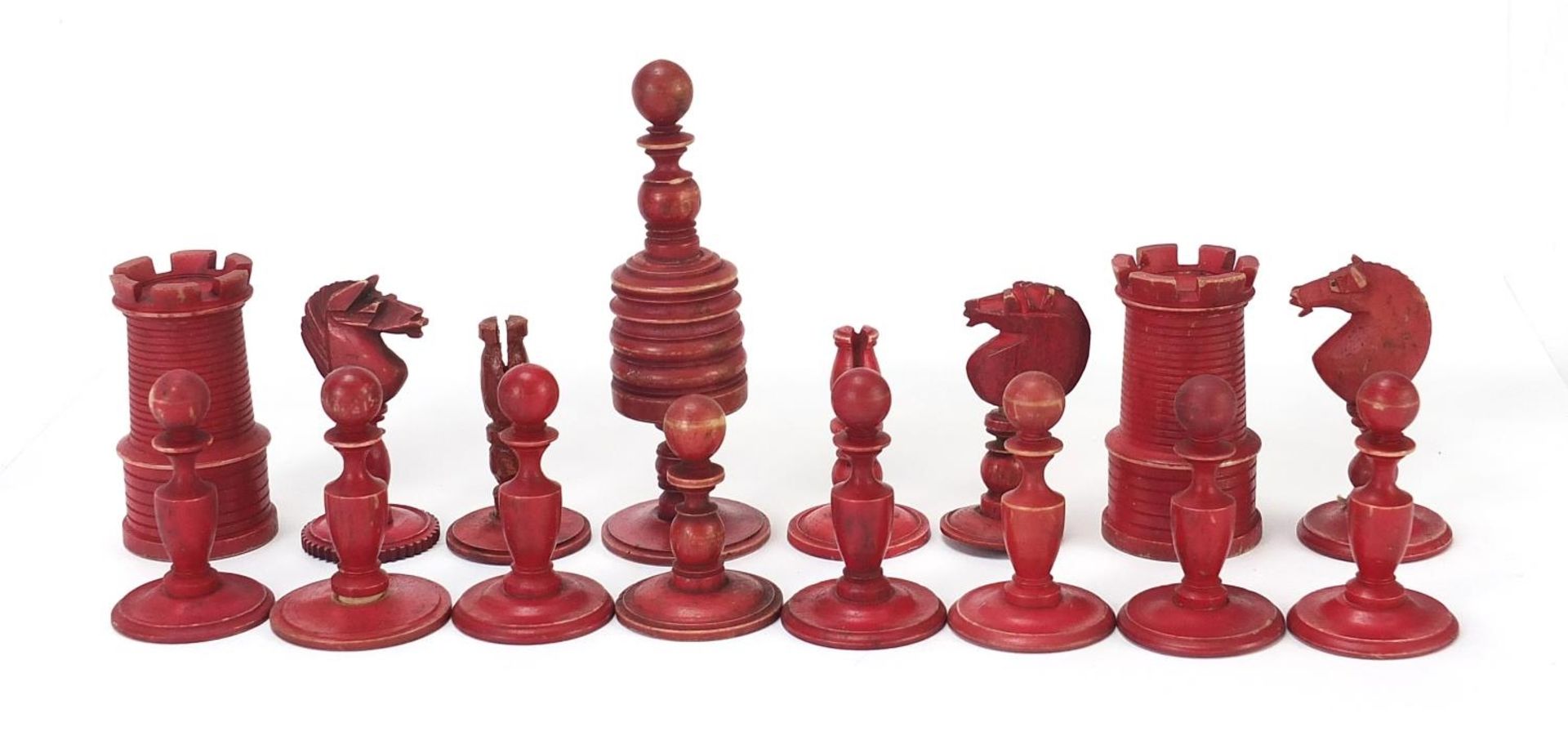Half stained carved bone chess set and a mahogany case, the largest chess pieces 8.5cm high - Image 4 of 7