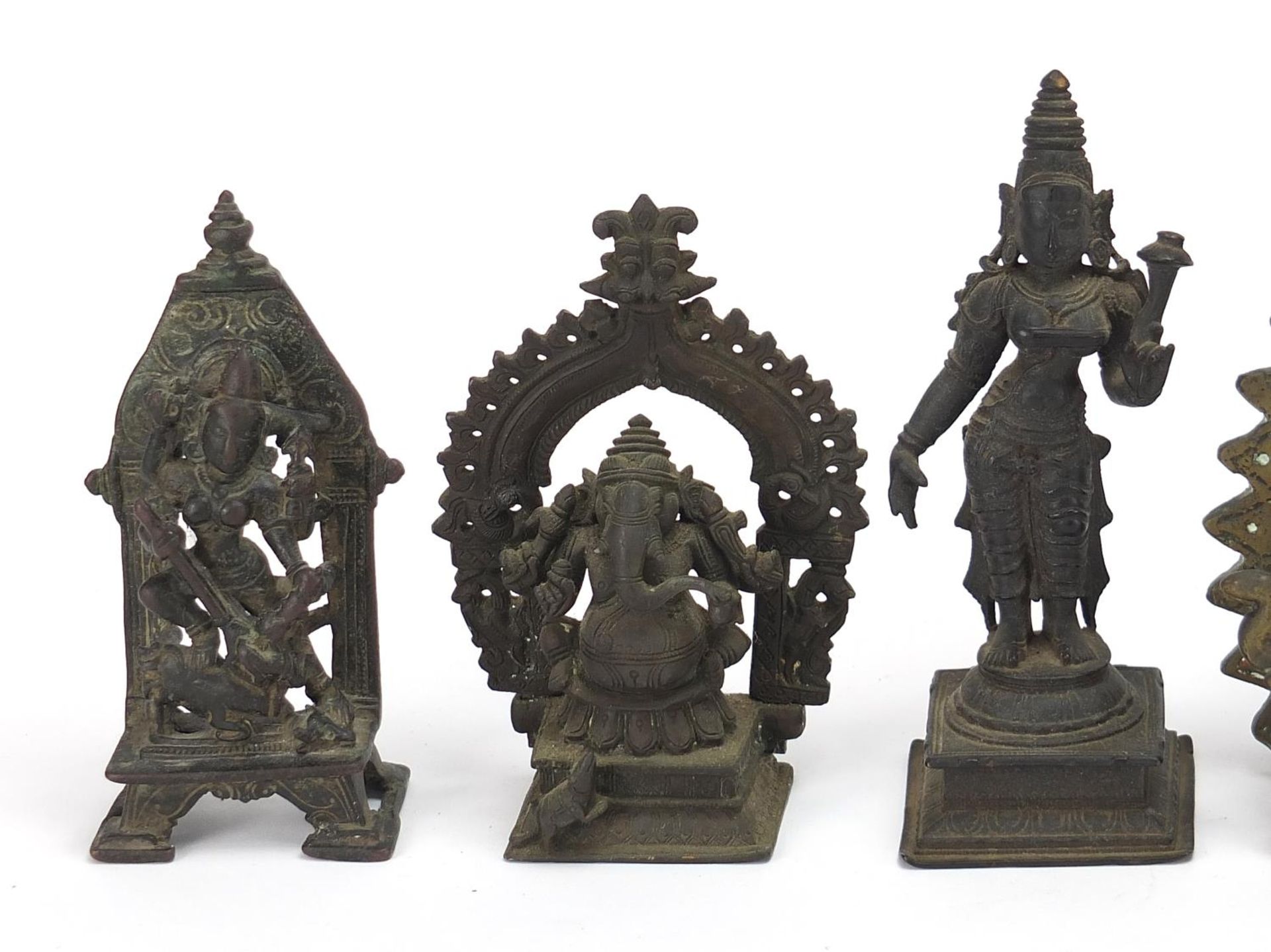 Indian bronzes including votive figures and two elephants, one raised on a rectangular black slate - Image 2 of 9