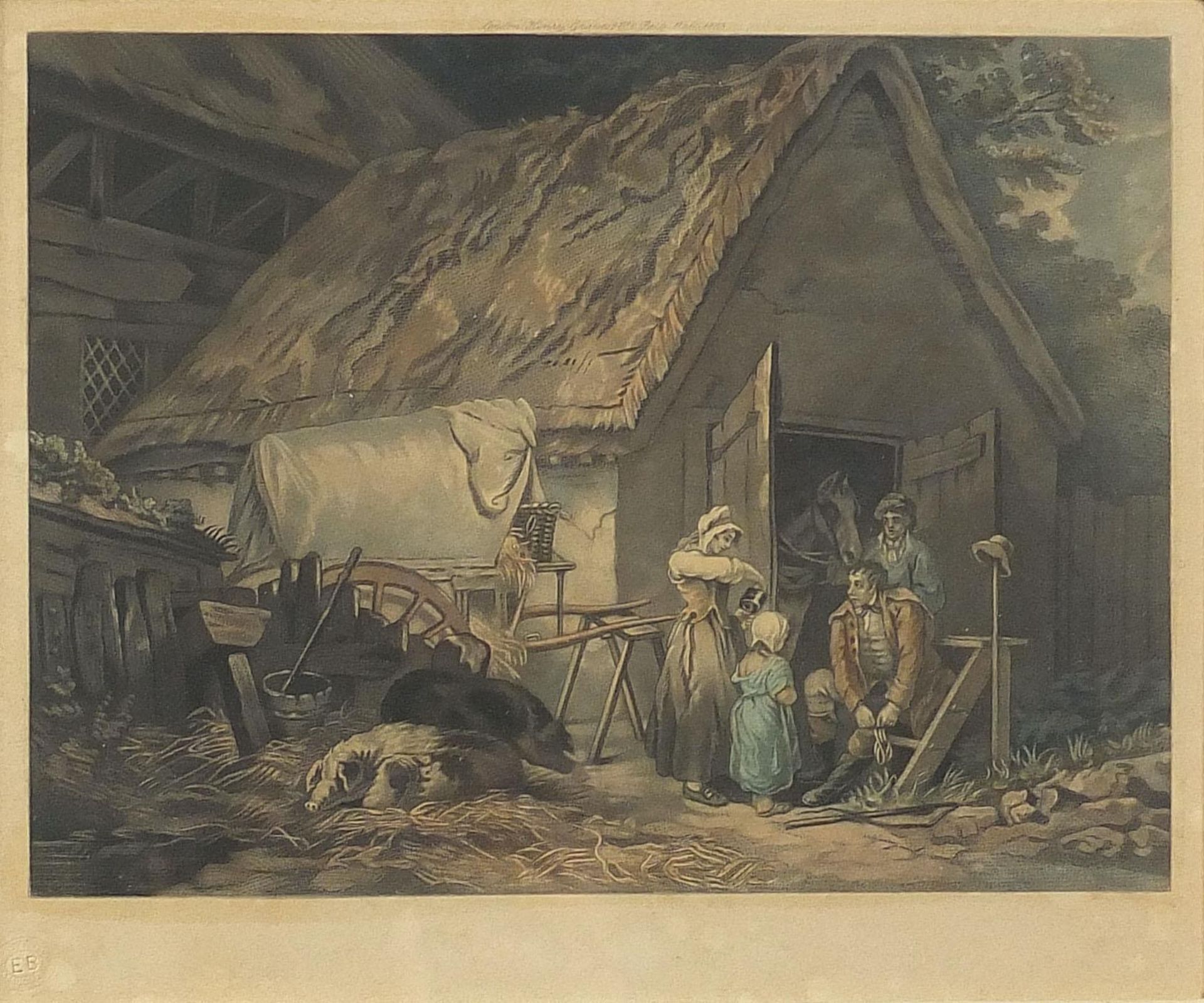 George Morland - Tarring the boat and figures before a barn, pair of prints in colour, one pencil - Image 8 of 12