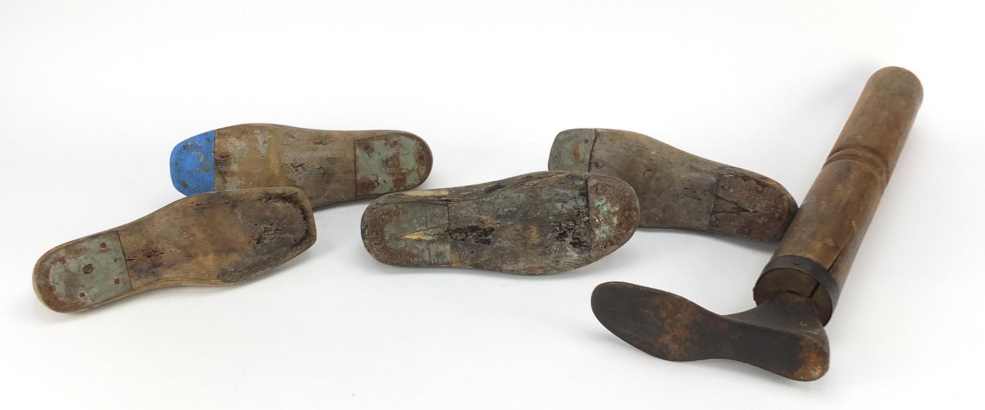 Four antique wooden shoe lasts and a bootmaker's last, the largest 56cm high - Image 5 of 5