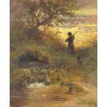 Figure and dog beside water, antique oil on board, indistinctly signed, possibly ... Lewis?, mounted