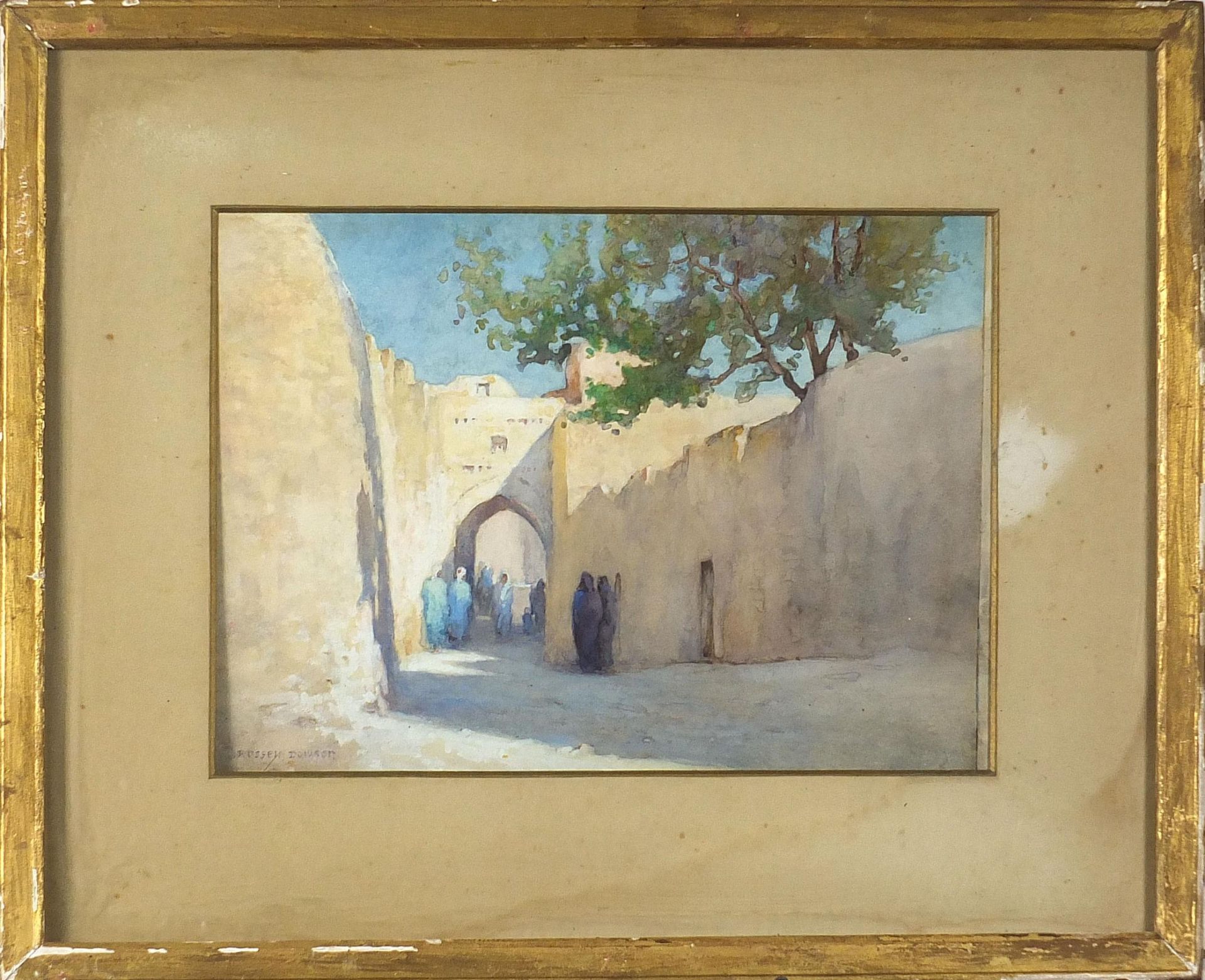 Russell Dowson - Middle Eastern street scene with figures, watercolour, mounted, framed and - Image 2 of 5