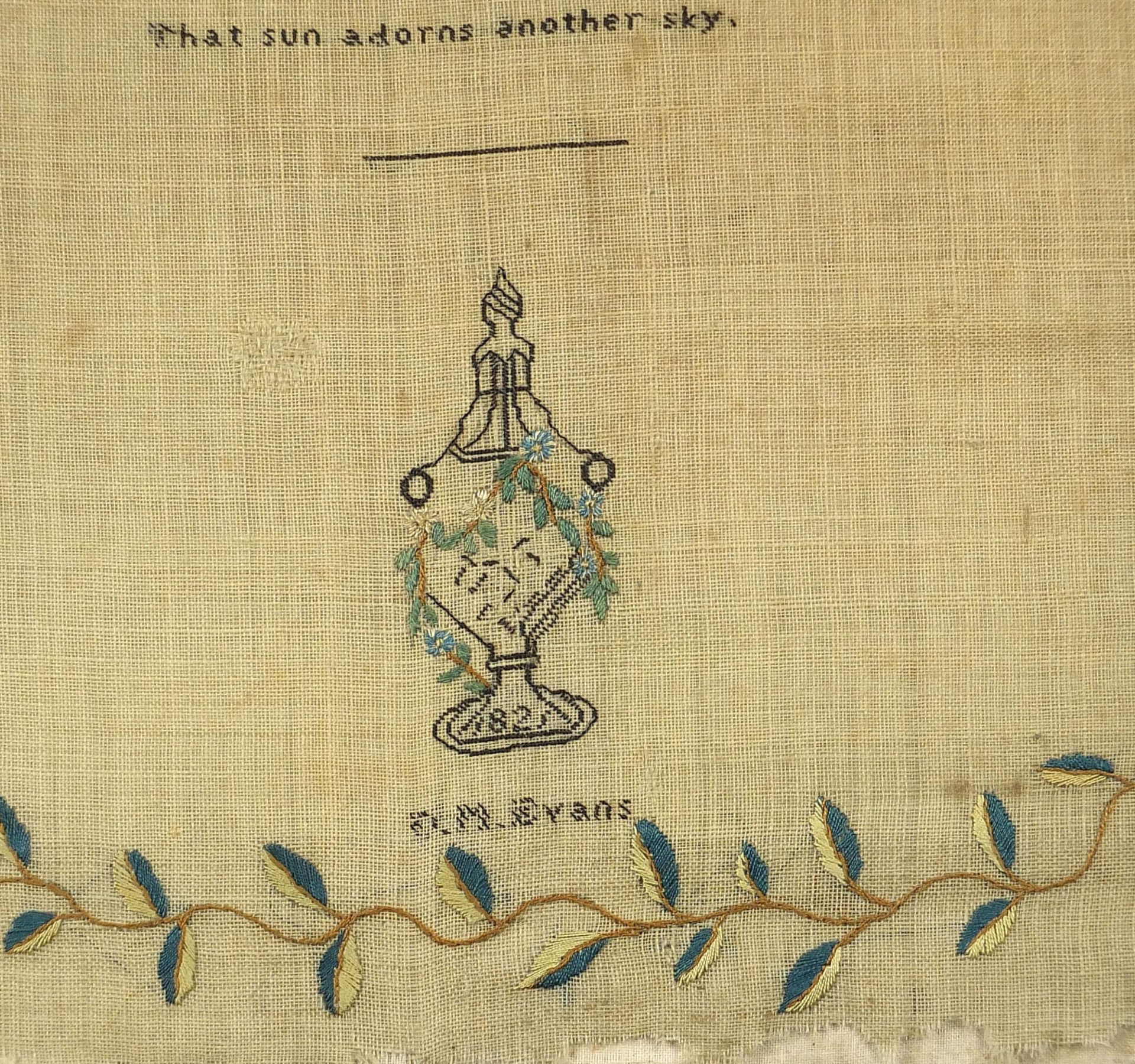 Early 19th century embroidered mourning sampler for John Cannon, unframed, 44cm x 34.5cm - Image 2 of 3