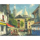 Busy Parisian street scene, oil on canvas, signed M Clover, unframed, 58.5cm x 49.5cm