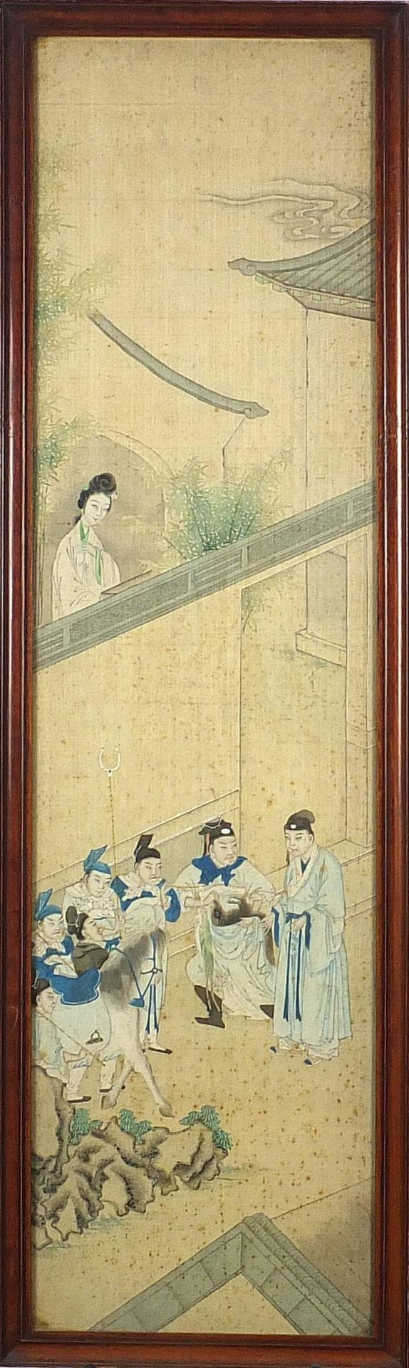 Figures in a palace setting with attendants, pair of Chinese watercolours on silk, framed and - Image 6 of 7