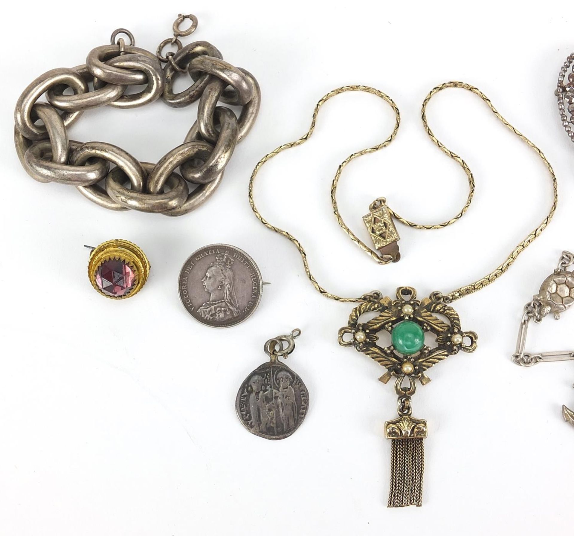 Antique and later jewellery including cut steel, silver charm bracelet, 1887 coin brooch and a large - Image 2 of 4