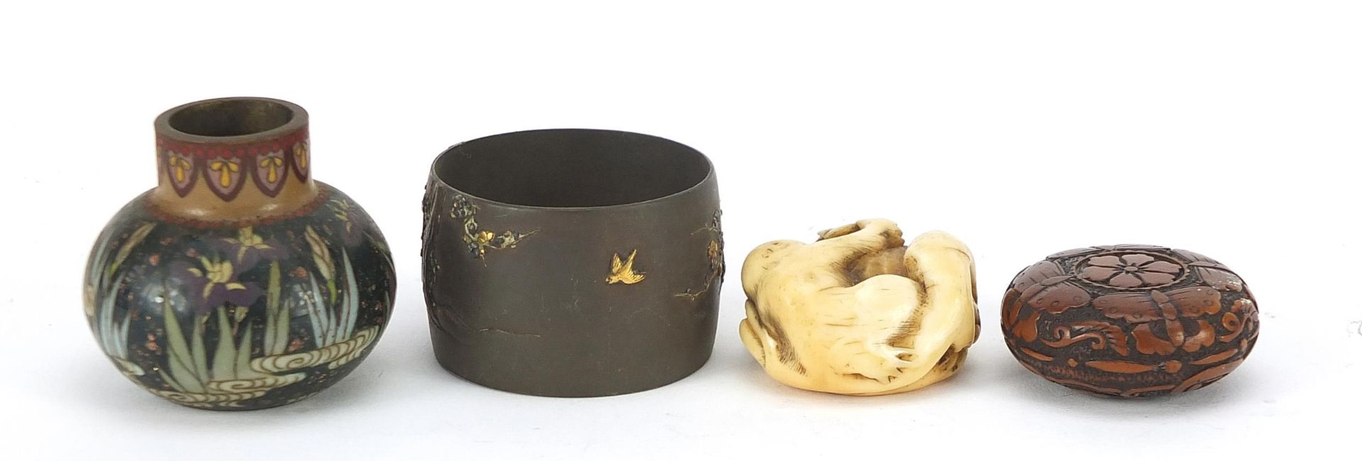 Japanese objects including an ivory toggle, mixed metal napkin ring and cloisonne vase, the - Image 2 of 6