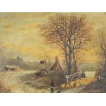 Sheep and figures before a cottage and windmill, 19th century oil on card, mounted and framed,