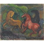 Surreal composition, horses, oil on canvas, unframed, 45.5cm x 38cm