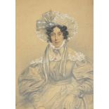 Portrait of a seated lady, 19th century watercolour and pencil heightened in white, mounted,