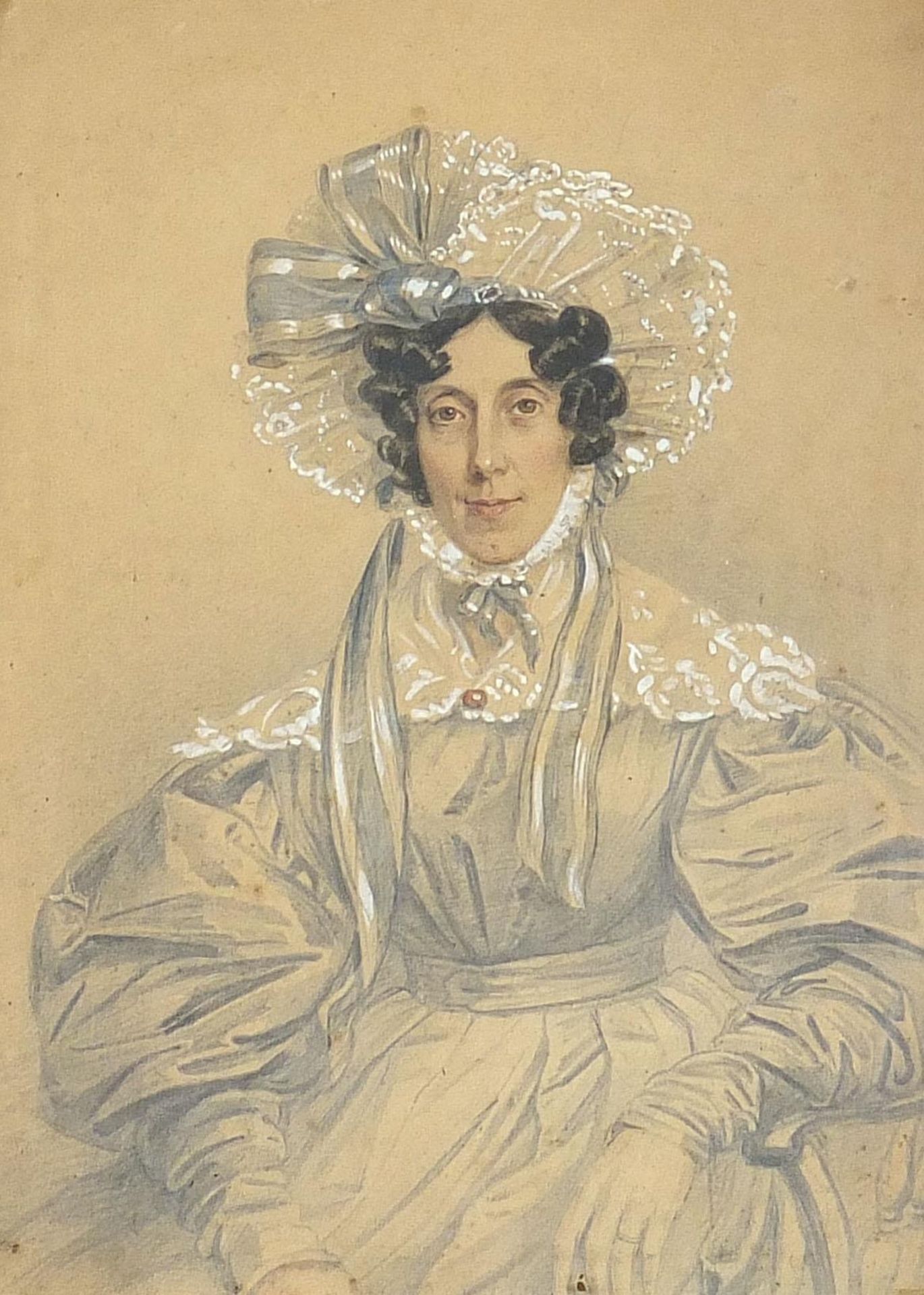 Portrait of a seated lady, 19th century watercolour and pencil heightened in white, mounted,