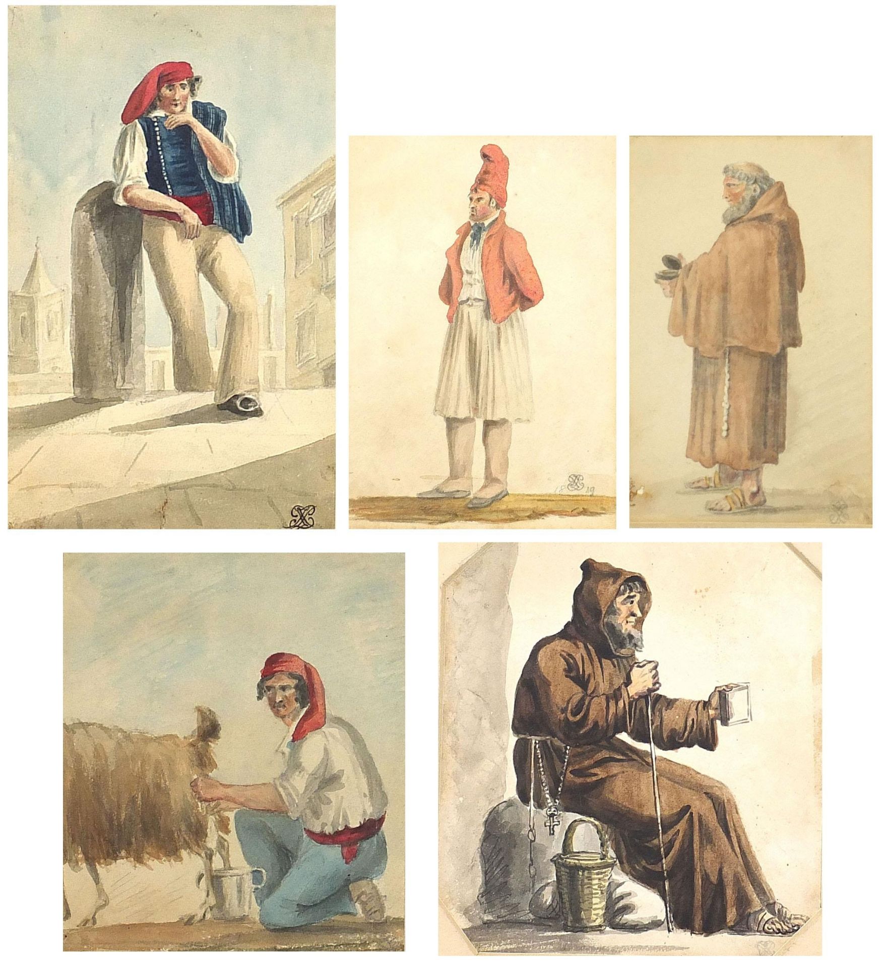 Monks and peasants, five early 19th century Italian watercolours, each indistinctly monogrammed,